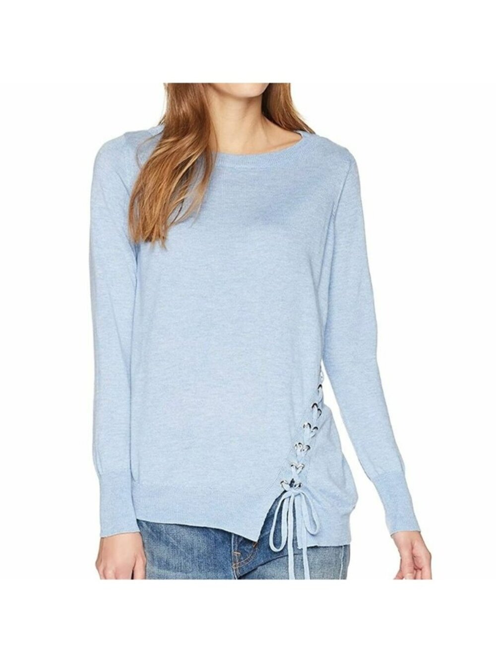 Lysse Light Blue Knit Asymmetric Hem Lace Up Sweater Womens XS